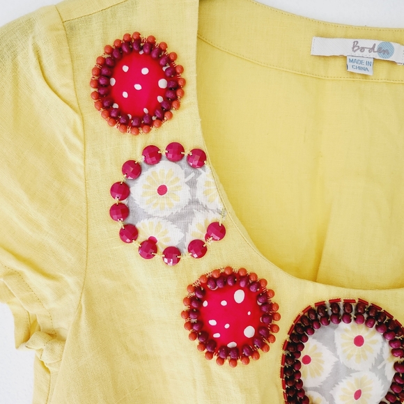 BODEN Tunic Top Yellow Beadead Neck Linen Ealstic Waist - Picture 3 of 9